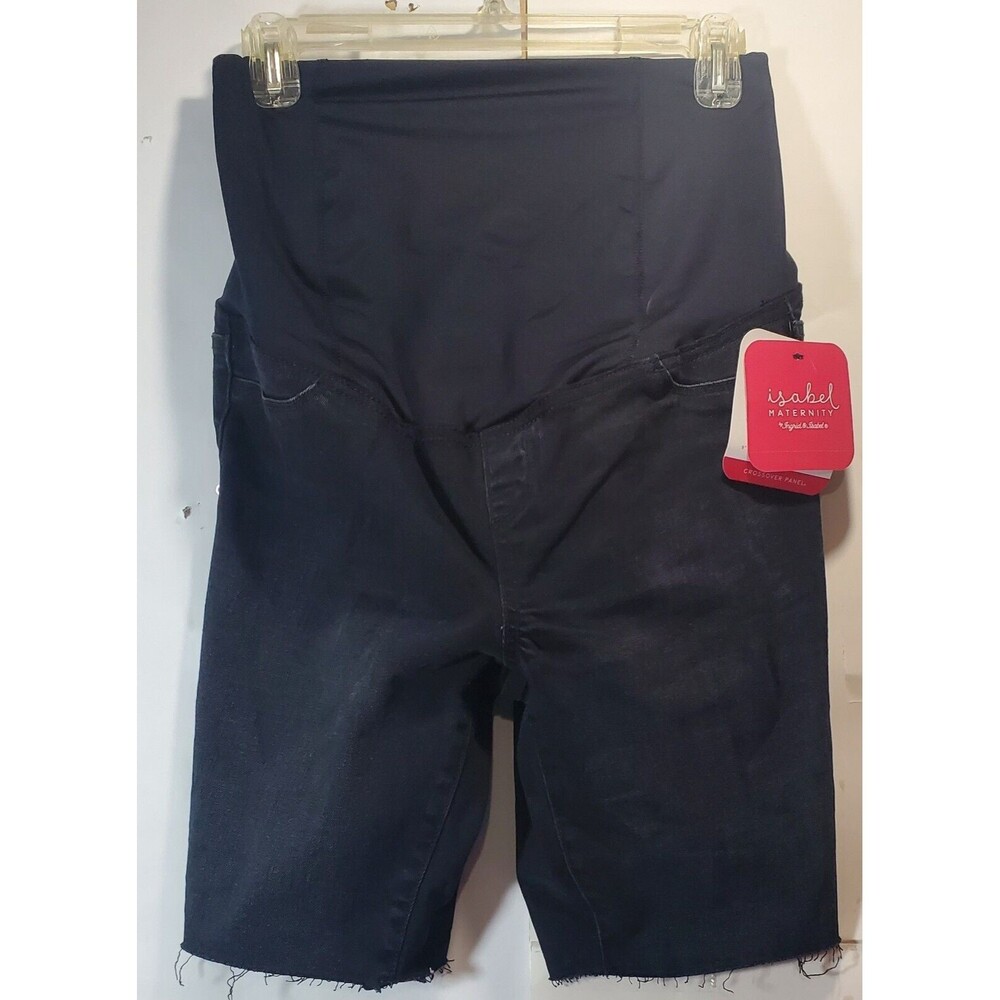 Isabel Maternity Black Denim Bermuda Shorts Sz 4  Crossover Panel Raw Hem